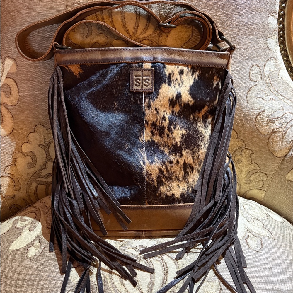 STS Ranchwear Brown and Black Cowhide Fringe Shoulder Bag